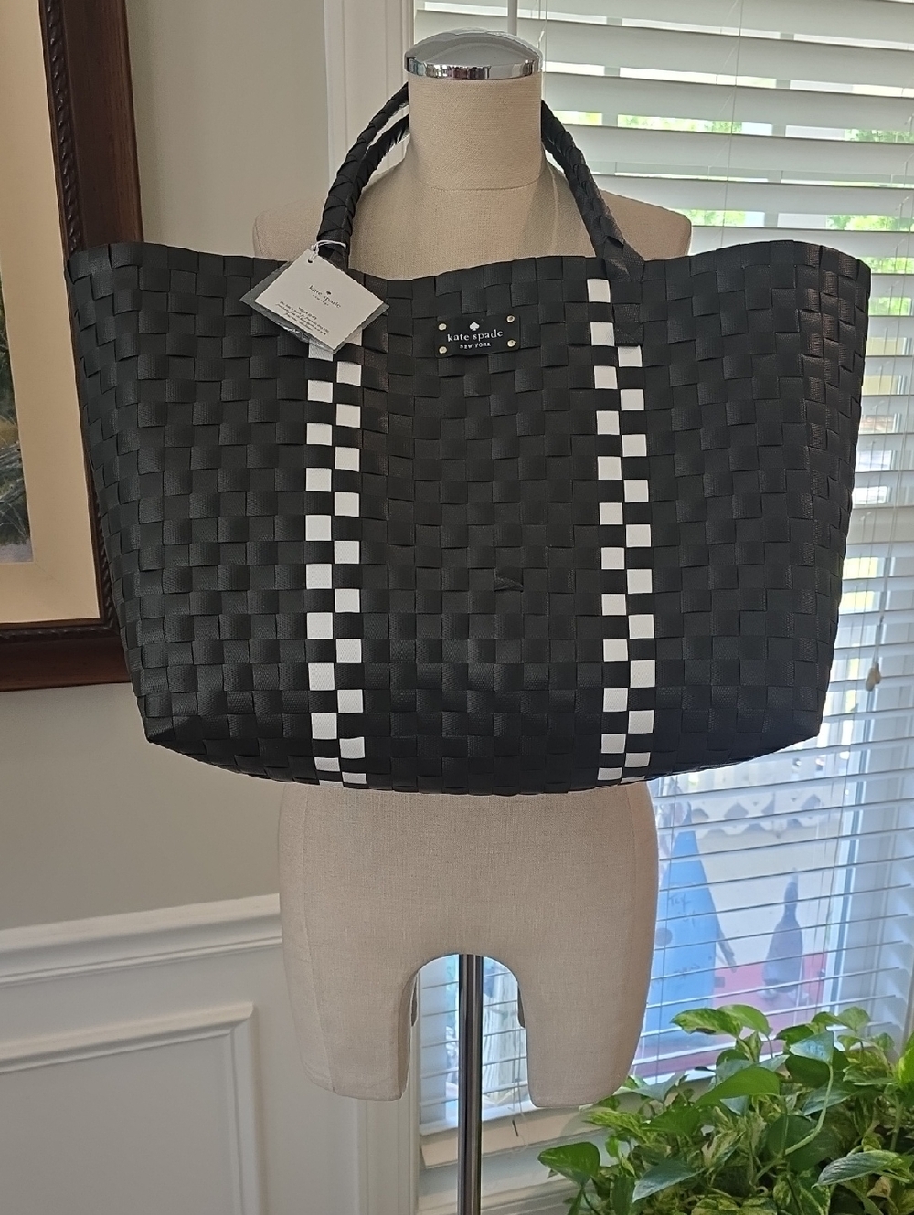 kate spade Black Woven Tote with White Stripe Accents
